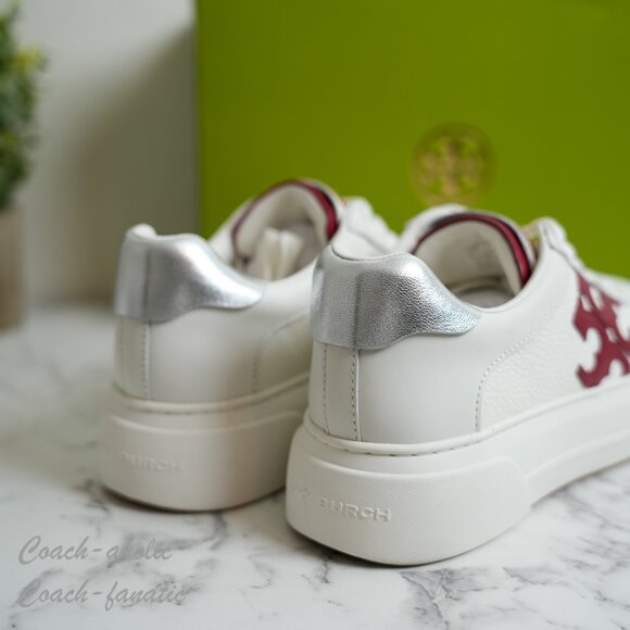 NIB Tory Burch Signature Color Block Platform Leather Sneaker Shoes in White/Red - Picture 4 of 10